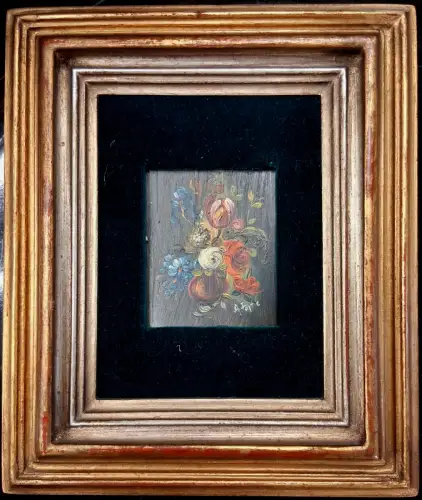Kleines Ölgemälde Blumenstilleben, signiert, gerahmt