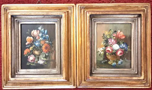 Zwei kleine Ölgemälde Blumenstilleben, von Antonio Forte, gerahmt