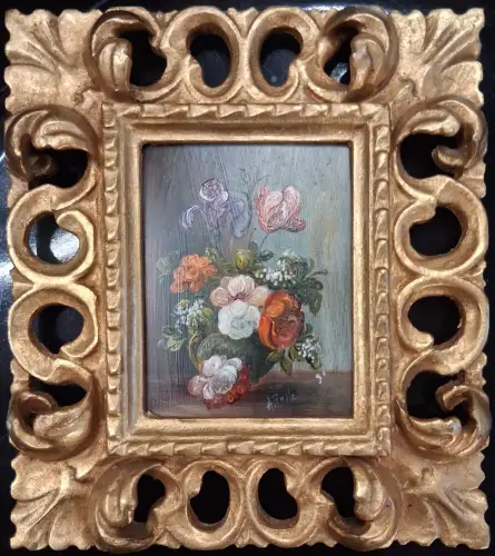 Kleines Ölgemälde, Blumenstilleben, von Antonio Forte, gerahmt