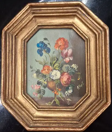Kleines Ölgemälde, Blumenstilleben, im achteckigen Rahmen, von Antonio Forte