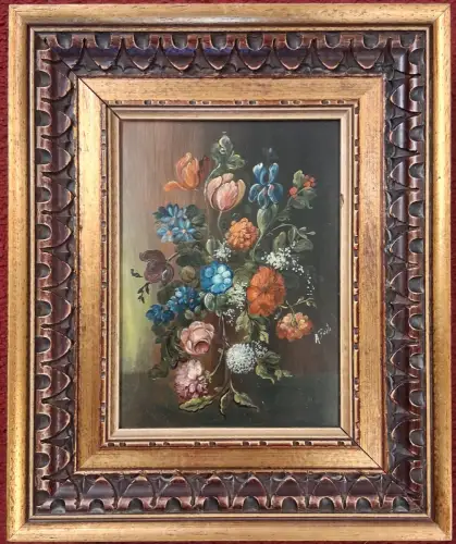 Kleines Ölgemälde, Blumenstilleben, im achteckigen Rahmen, von Antonio Forte