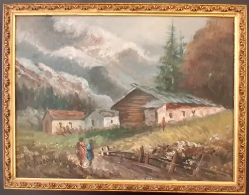 Ölgemälde Gebirgslandschaft mit Bauernhäusern auf Leinwand, sign. „DE FLORENTIS"