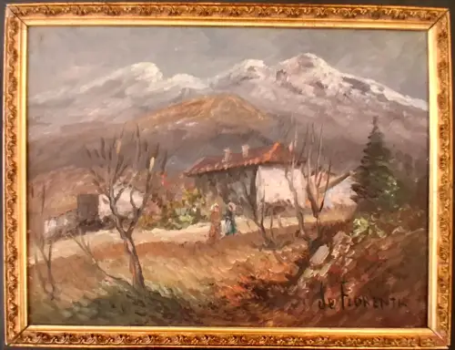 Ölgemälde Gebirgslandschaft mit Bauernhäusern auf Leinwand, sign. „DE FLORENTIS"
