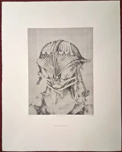 Lithographie „Der Stechhelm - Hommage à Albrecht Dürer“ von Reiner Schwarz, 1974