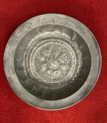 Zinnschale, Ø 28 cm, Beckenschlägerschale, Höhe 5 cm, 1718, Siehe Fotos