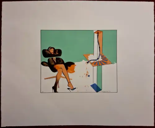 Farblithographie „Young Woman Contemplating Sculpture“ von Allen Jones, 1969