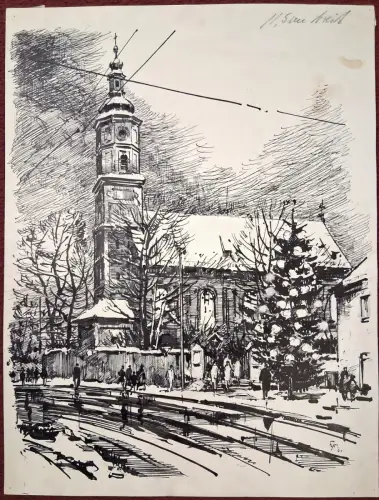 Alte Sendlinger Kirche in München - Orig.-Zeichnung von Karl Sally Bauer-Oltsch