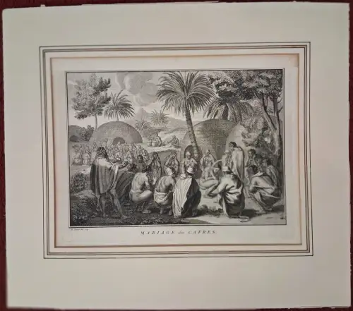 Kupferstich „MARIAGE des CAFRES“ von Bernard Picart, 1729, im Passepartout