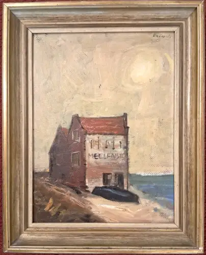 Ölgemälde „Haus am Meer“, signiert „Bauer 55“, gerahmt