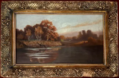 Ölgemälde „Isar-Altwasser bei Freysing“, von Hugo Bürgel, 1901, gerahmt