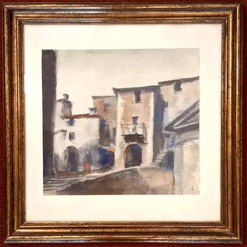 Aquarell Häusergruppe im Mittelmeerraum, gerahmt, unter Glas, leider beschnitten
