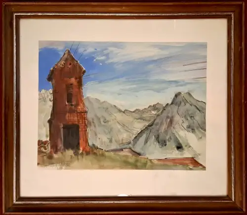 Aquarell Trafohäuschen im Gebirge, gerahmt, unter Glas, signiert, 1949