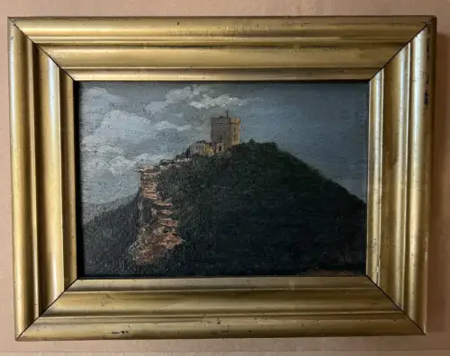 Ölbild, Burg auf dem Hügel,  Öl auf Holz, sign. unleserlich, klein,