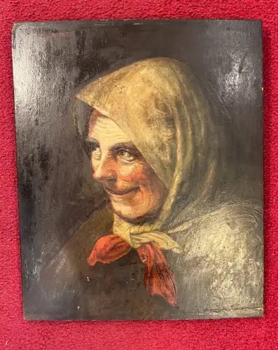Ölbild, Frau mit Kopftuch, Öl auf Holz, unsigniert, 28,5 cm x 34,5 cm, ungerahmt