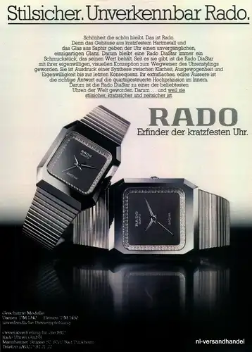 RADO-KRATZFEST-1981-Reklame-Werbung-genuine Advert-La publicité-nl-Versandhandel