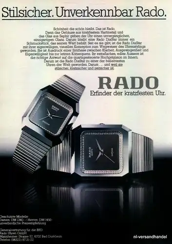 RADO-QUARTZ-1981-Reklame-Werbung-genuine Advert-La publicité-nl-Versandhandel