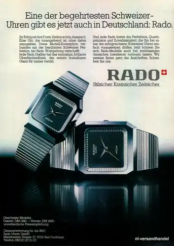 RADO-UHREN-1981-Reklame-Werbung-genuine Advert-La publicité-nl-Versandhandel