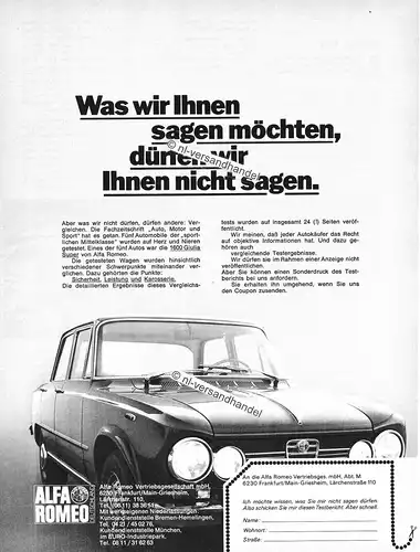 Alfa Romeo-Giulia-1972-Reklame-Werbung-genuine Advertising - nl-Versandhandel