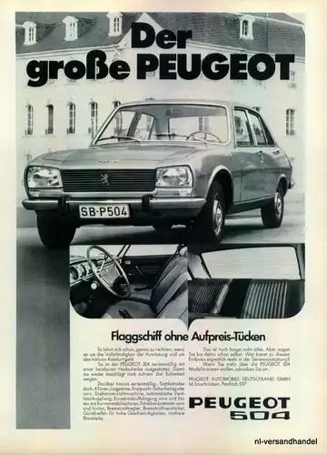 PEUGEOT-504-FLAGGSCHIFF-1971-Reklame-Werbung-genuine Advert-La publicité-nl