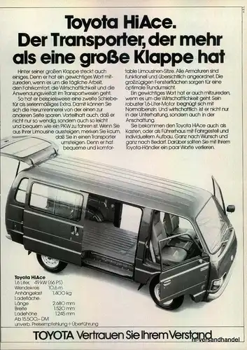 TOYOTA-HI ACE-66 PS-1980-Reklame-Werbung-genuine Advert-La publicité-nl-Versand