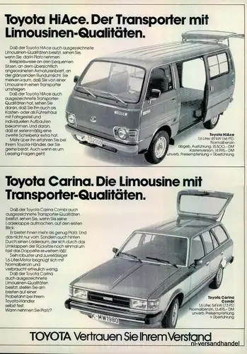 TOYOTA-HI ACE-CARINA-1980-Reklame-Werbung-genuine Advert-La publicité-nl-Versand