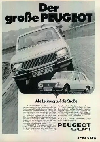 PEUGEOT-504-AUTO-1971-Reklame-Werbung-genuine Advert-La publicité-nl-Versand