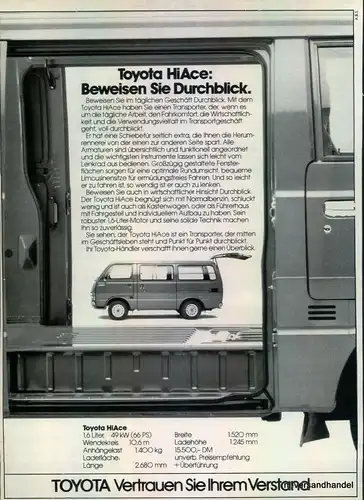 TOYOTA-HI ACE-1.6-1980-Reklame-Werbung-genuine Advert-La publicité-nl-Versand