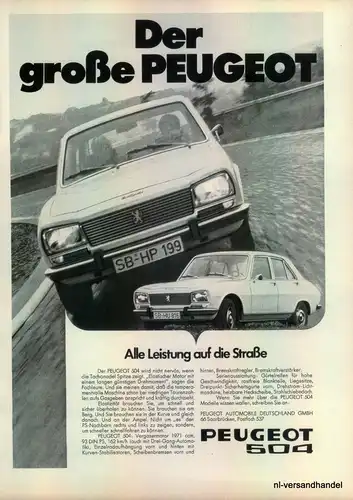 PEUGEOT-504-LEISTUNG-1971-Reklame-Werbung-genuine Advert-La publicité-nl-Versand