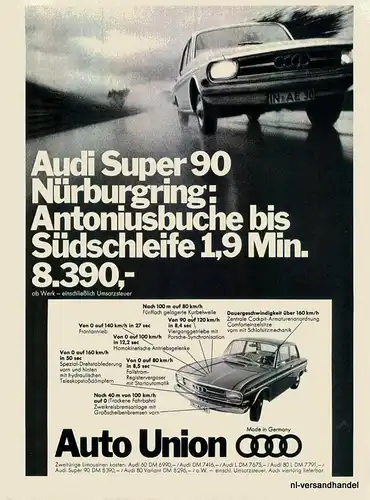 AUTO UNION-AUDI-90 SUP-1,9MIN-´68-Reklame-Werbung-genuine Advert-La publicité-nl
