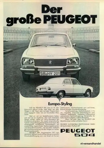 PEUGEOT-504-162Km/h-1971-Reklame-Werbung-genuine Advert-La publicité-nl-Versand