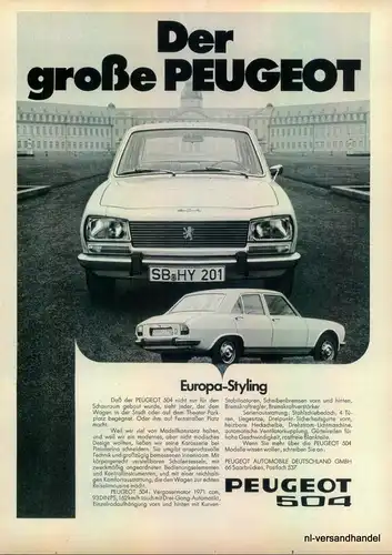 PEUGEOT-504-1971ccm-1971-Reklame-Werbung-genuine Advert-La publicité-nl-Versand