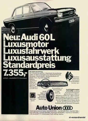 AUTO UNION-AUDI60-LUX-´68-Reklame-Werbung-genuine Advert-La publicité-nl-Versand