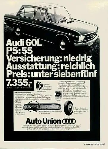 AUTO UNION-AUDI60-55-1968-Reklame-Werbung-genuine Advert-La publicité-nl-Versand