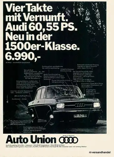 AUTO UNION-AUDI60-1968-Reklame-Werbung-genuine Advert-La publicité-nl-Versand