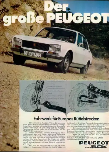 PEUGEOT-504-1971-Reklame-Werbung-genuine Advert-La publicité-nl-Versandhandel