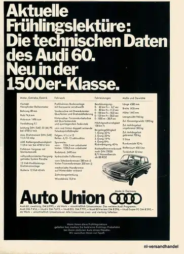 AUTO UNION-AUDI 60-1968-Reklame-Werbung-genuine Advert-La publicité-nl-Versand