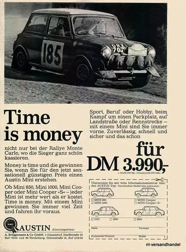 AUSTIN-MINICOOPER-S-1968-Reklame-Werbung-genuine Advert-La publicité-nl-Versand