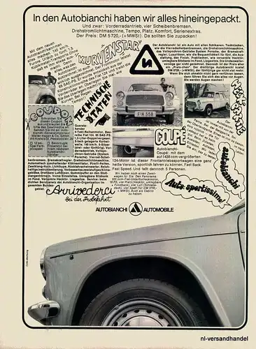 AUTOBIANCHI-COUPE-´68-Reklame-Werbung-genuine Advert-La publicité-nl-Versand