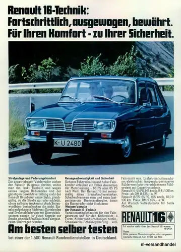 RENAULT-16-1971-Reklame-Werbung-genuine Advert-La publicité-nl-Versandhandel