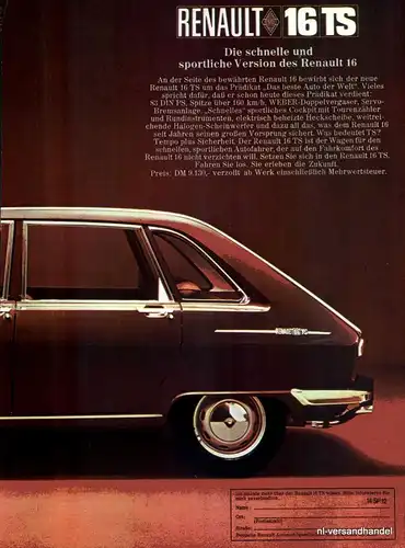 RENAULT-16-TS-1968-Reklame-Werbung-genuine Ad-La publicité-nl-Versandhandel