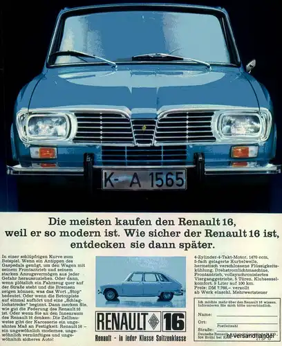 RENAULT-16-4Zy-1968-Reklame-Werbung-genuine Advert-La publicité-nl-Versandhandel