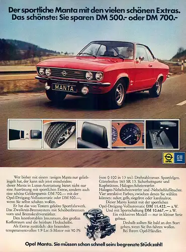 Opel-Manta-1.9S-1973-Reklame-Werbung-genuineAdvertising - nl-Versandhandel 