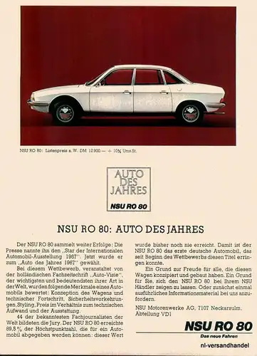 NSU-RO-80-89,5-1968-Reklame-Werbung-genuine Advert-La publicité-nl-Versandhandel