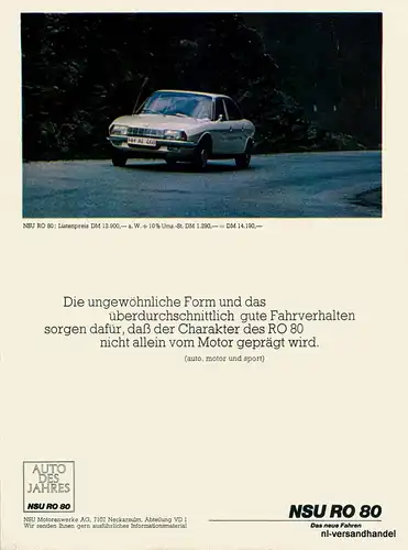 NSU-RO-80-AMS-1968-Reklame-Werbung-genuine Advert-La publicité-nl-Versandhandel