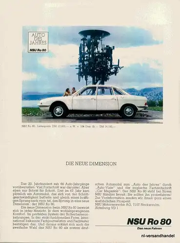 NSU-RO-80-DIMENSION-68-Reklame-Werbung-genuine Advert-La publicité-nl-Versand