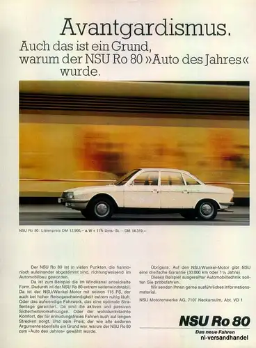 NSU-RO-80-AVANTG-68-Reklame-Werbung-genuine Advert-La publicité-nl-Versandhandel