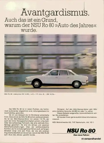 NSU-RO80-AVANTG-68-Reklame-Werbung-genuine Advert-La publicité-nl-Versandhandel