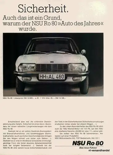 NSU-RO-80-SICHER-68-Reklame-Werbung-genuine Advert-La publicité-nl-Versandhandel