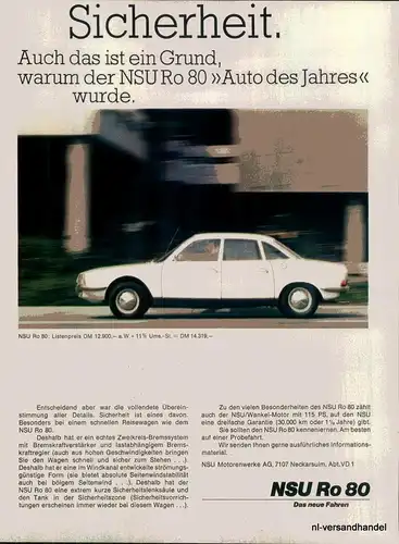 NSU-RO80-SICHER-68-Reklame-Werbung-genuine Advert-La publicité-nl-Versandhandel