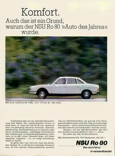 NSU-RO80-KOMFORT-68-Reklame-Werbung-genuine Advert-La publicité-nl-Versandhandel